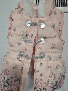 Peach Floral Puffer Vest with Faux Fur Hood